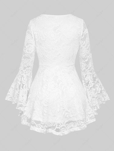 Gothic Floral Lace Overlay Cinched Ruched Flare Sleeves Lace-up Grommet Corset T-shirt