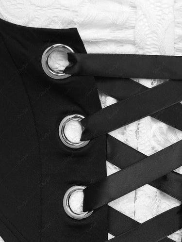 Gothic Floral Lace Overlay Cinched Ruched Flare Sleeves Lace-up Grommet Corset T-shirt