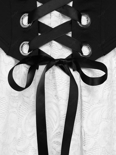 Gothic Floral Lace Overlay Cinched Ruched Flare Sleeves Lace-up Grommet Corset T-shirt