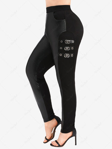 Gothic Plus Size PU Leather Patchwork Grommets Buckles Pockets Pants