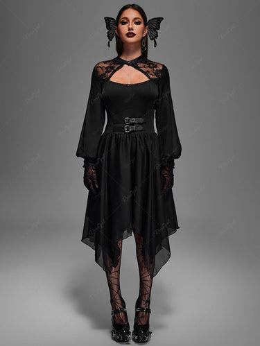 Gothic Plus Size Floral Lace Panel Cutout Buckle Layered Chiffon Handkerchief Dress(3 Days Delivery)