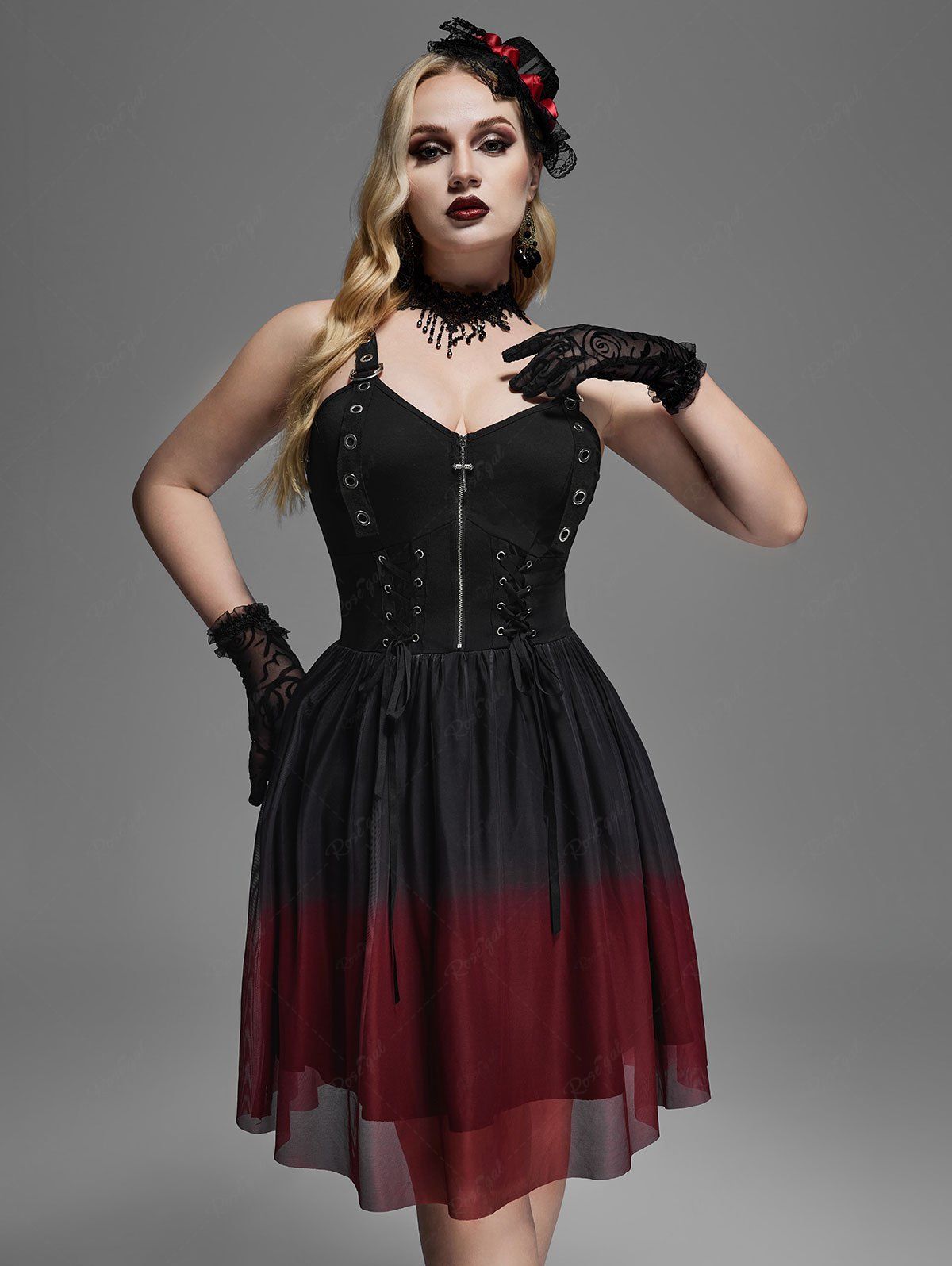 Gothic D-ring Buckle Cross Zipper Lace Up Mesh Ombre Ruched Layered Prom Dress