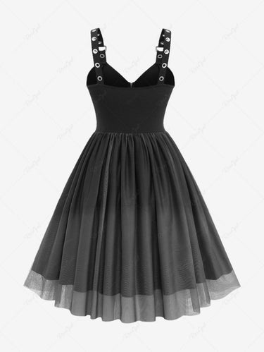 Gothic D-ring Buckle Cross Zipper Lace Up Mesh Ombre Ruched Layered Dress