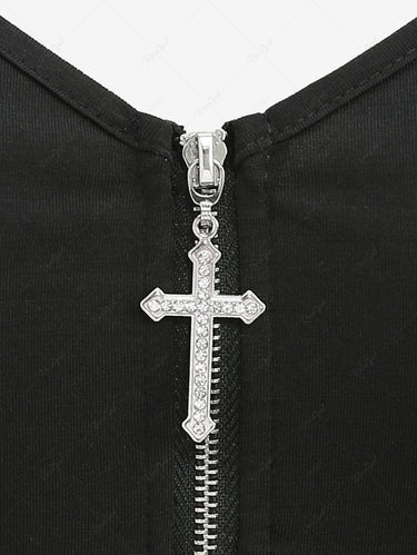 Gothic D-ring Buckle Cross Zipper Lace Up Mesh Ombre Ruched Layered Dress