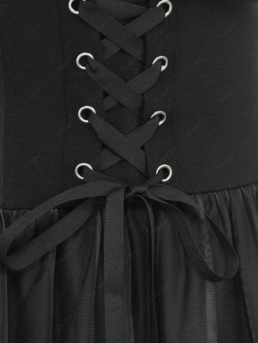 Gothic D-ring Buckle Cross Zipper Lace Up Mesh Ombre Ruched Layered Dress