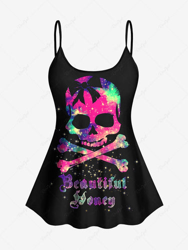 Gothic Plus Size Skull Glitter Print Boyshorts Tankini Swimsuit (Adjustable Shoulder Strap)