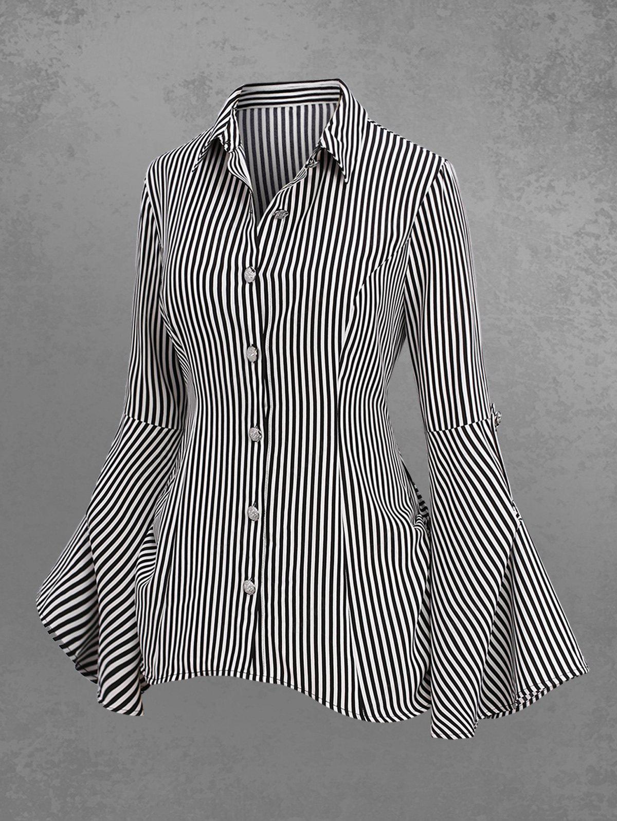 💗Lauren Loves💗Gothic Button Striped Back Ruched Lace Up Flare Sleeves Shirt
