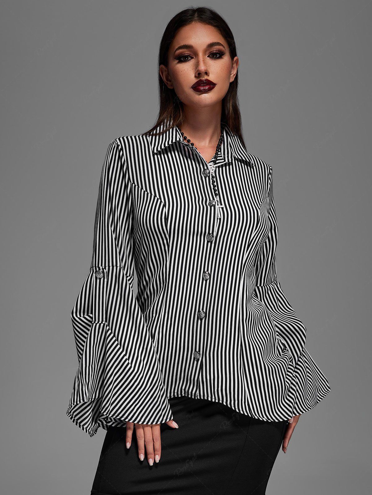 💗Lauren Loves💗Gothic Button Striped Back Ruched Lace Up Flare Sleeves Shirt