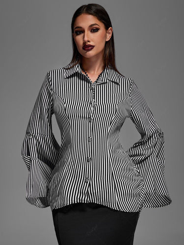 💗Lauren Loves💗Gothic Plus Size Button Striped Back Ruched Lace Up Flare Sleeves Shirt(3 Days Delivery)