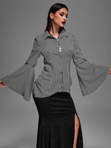 💗Lauren Loves💗Gothic Plus Size Button Striped Back Ruched Lace Up Flare Sleeves Shirt(3 Days Delivery)