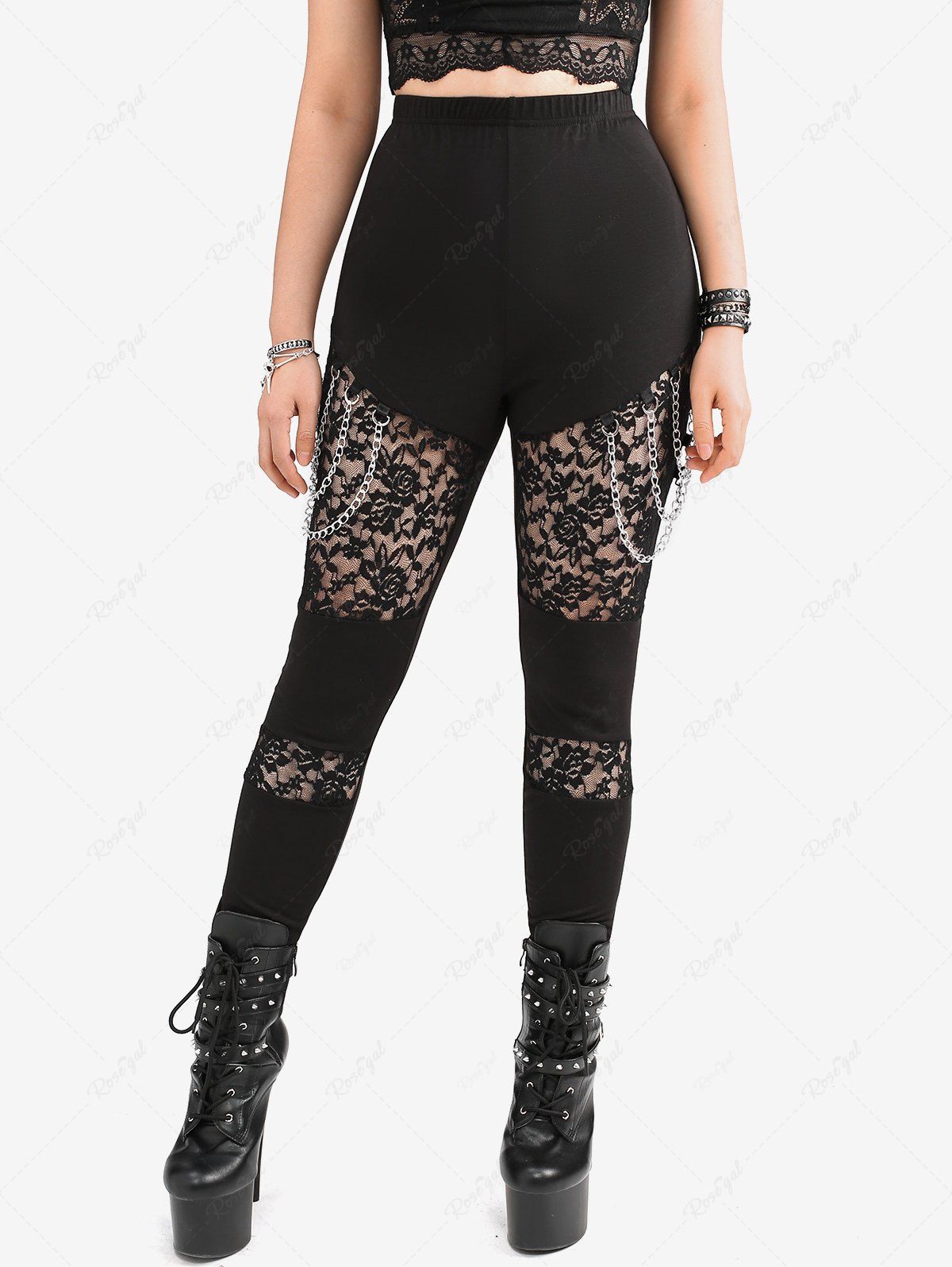 Gothic Floral Lace Panel Chain Tassel Patchwork Skinny Pants