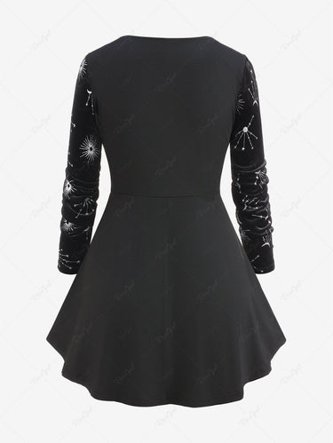 Gothic Plus Size Lace Trim Buckle Sun Moon Star Print Top