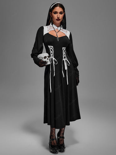 💗Marijana Loves💗 Halloween Nun Costume Gothic Plus Size Floral Lace Panel Cut Out Lace Up Ruched Balloon Sleeves Dress