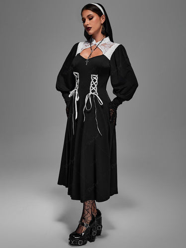 💗Marijana Loves💗 Halloween Nun Costume Gothic Plus Size Floral Lace Panel Cut Out Lace Up Ruched Balloon Sleeves Dress