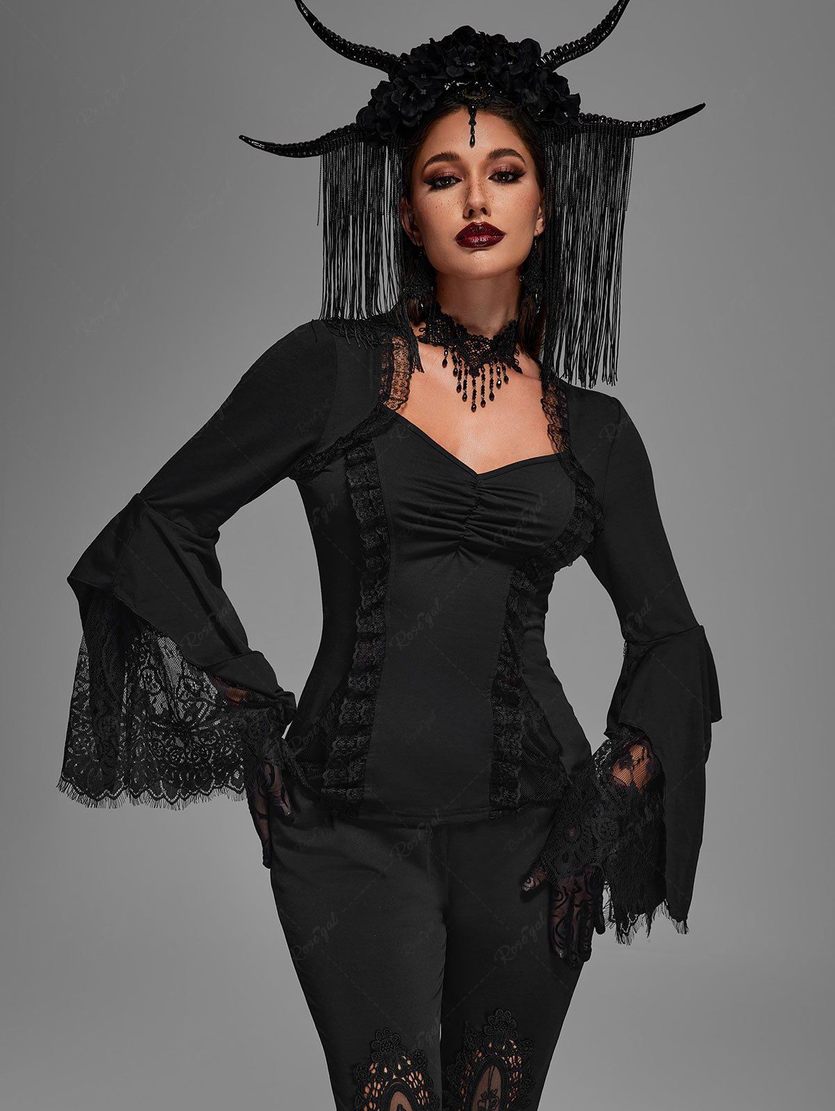Halloween Costume Victorian Gothic Cinched Floral Lace-trim Flare Sleeves Blouse Top