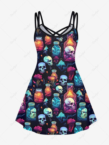 💗Vixtina Loves💗 Gothic Plus Size Skull Bottle Flower Glitter Print Crisscross Cami Dress