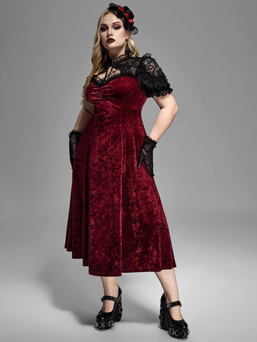 Gothic Plus Size Floral Lace Panel Cut Out Ruched Cinched A Line Velvet Dress