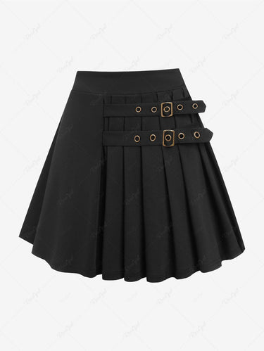 Gothic Buckle Grommet Straps Pleated Solid Skirt(3 Days Delivery)