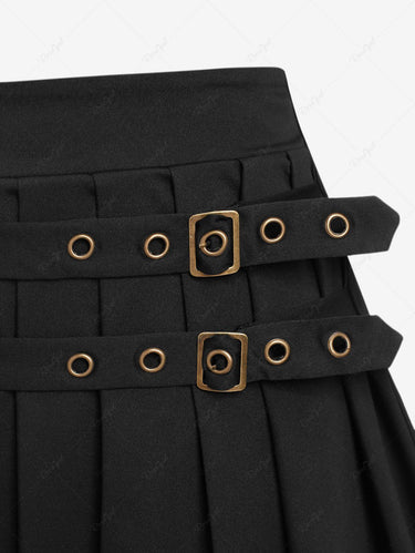 Gothic Buckle Grommet Straps Pleated Solid Skirt(3 Days Delivery)