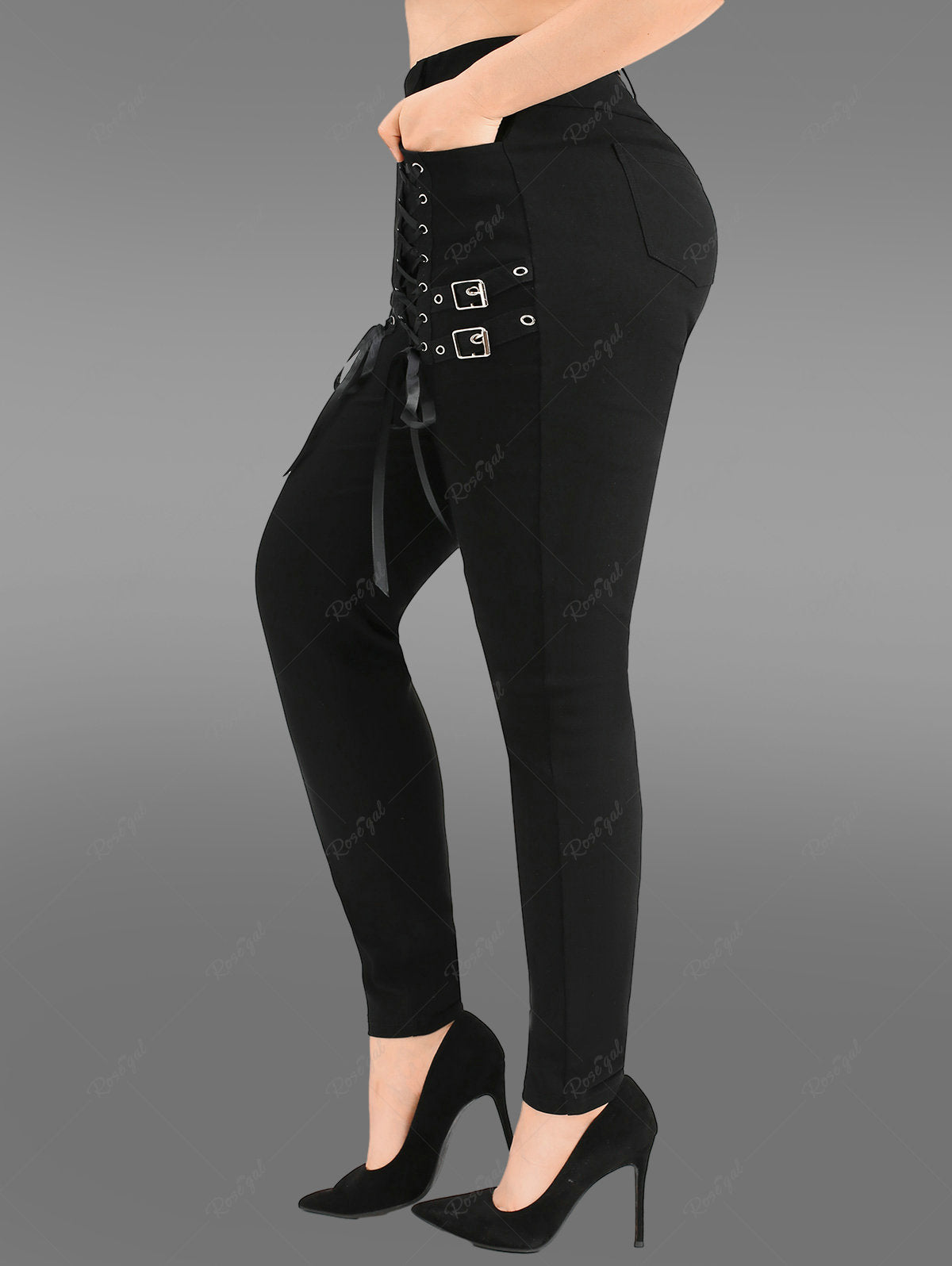 Gothic Lace Up Pockets Buckle Pull On Leggings