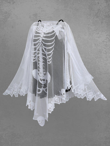 Halloween Costume Gothic Plus Size Skull Skeleton Mesh Crochet Asymmetric Poncho Cloak Cape