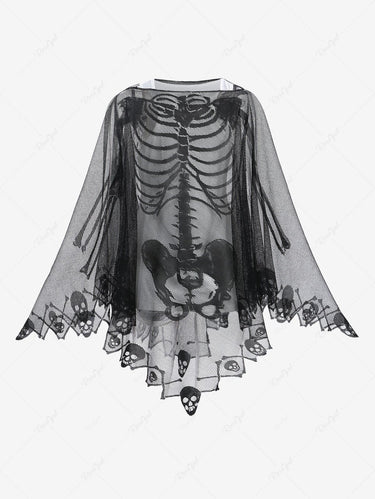 Halloween Costume Gothic Plus Size Skull Skeleton Mesh Crochet Asymmetric Poncho Cloak Cape