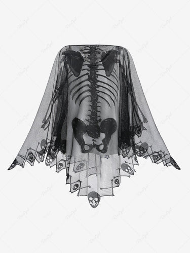 Halloween Costume Gothic Plus Size Skull Skeleton Mesh Crochet Asymmetric Poncho Cloak Cape