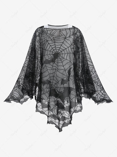 Halloween Costume Gothic Plus Size Bat Spider Web Graphic Mesh Asymmetric Poncho Cloak Cape