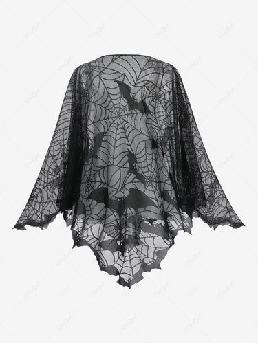 Halloween Costume Gothic Plus Size Bat Spider Web Graphic Mesh Asymmetric Poncho Cloak Cape