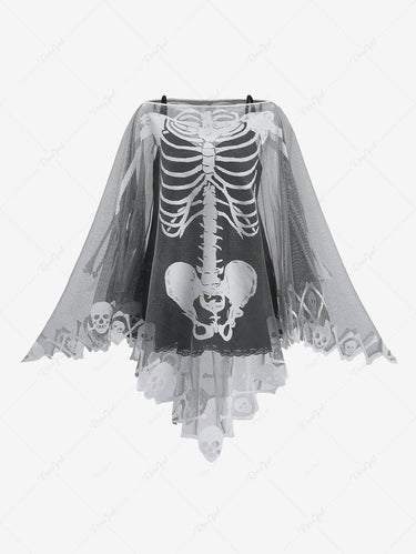 Halloween Costume Gothic Plus Size Skull Skeleton Graphic Mesh Asymmetric Poncho Cloak Cape