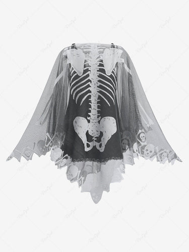 Halloween Costume Gothic Plus Size Skull Skeleton Graphic Mesh Asymmetric Poncho Cloak Cape