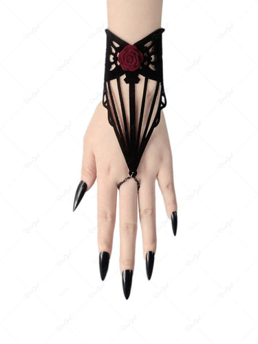 Hollow Out Rose Flower Bracelet With Finger Chain