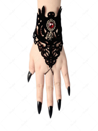 Hollow Out Faux Gem Bracelet With Finger Chain