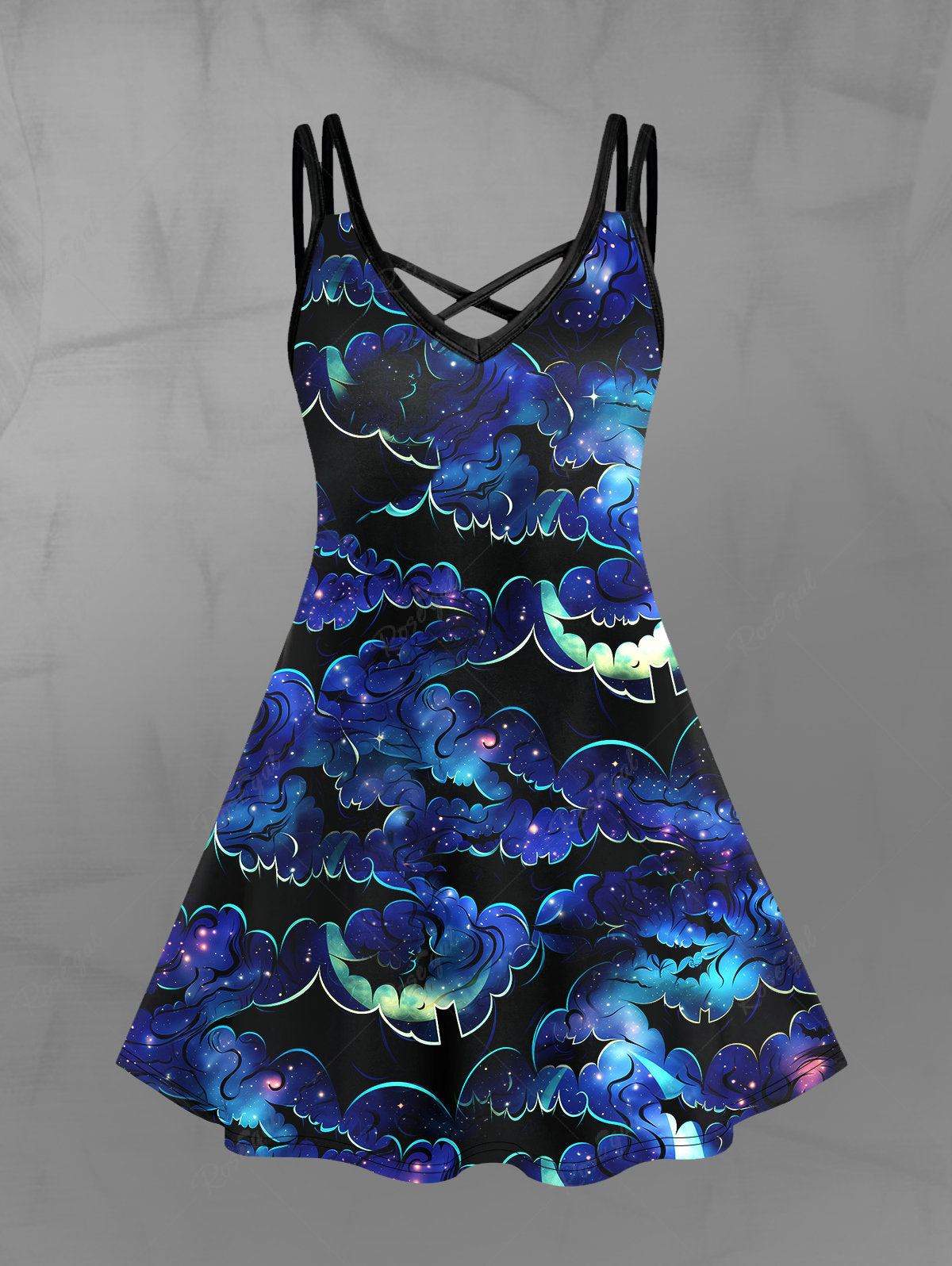 💗Tabbytragedy Loves💗 Gothic Colorful Galaxy Glitter Bat Print Crisscross Cami Dress