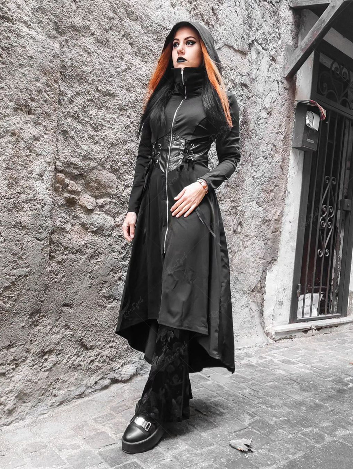 💗Danae_lovecraft Loves💗 Gothic PU Panel Lace Up Zipper Ruched High Low Hooded Long Corset Coat