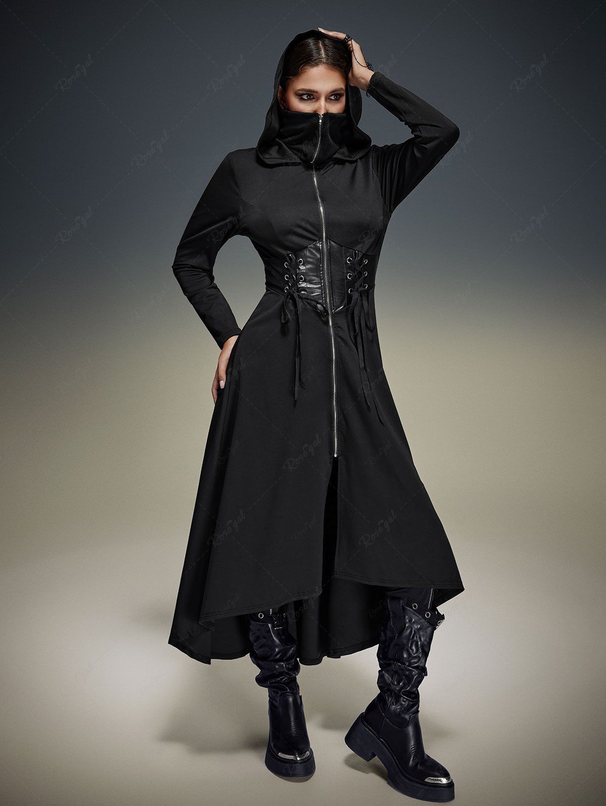 💗Danae_lovecraft Loves💗 Gothic PU Panel Lace Up Zipper Ruched High Low Hooded Long Corset Coat