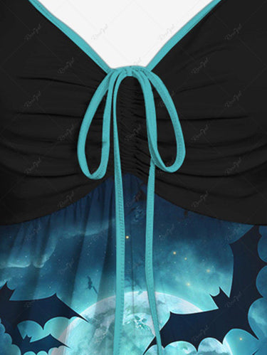 💗Lauren Loves💗Gothic Plus Size Halloween Bat Moon Castle Galaxy Print Cinched Tank Top