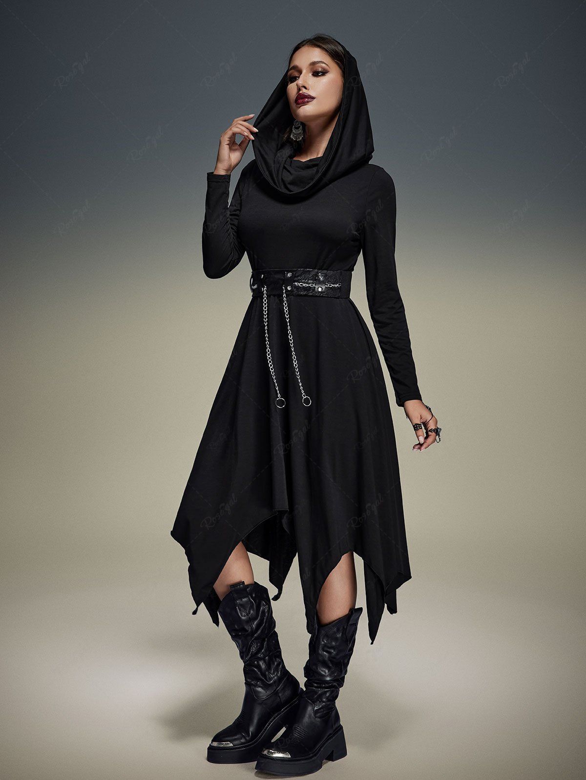 💗Danae_lovecraft Loves💗 Gothic Floral Lace Chain Belt Asymmetric Ruched Hooded Dress