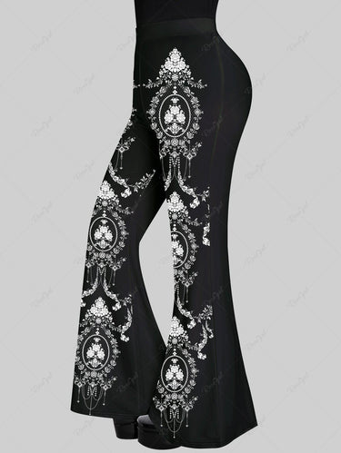 Gothic Plus Size Flower Branch Tassel Print Flare Pants