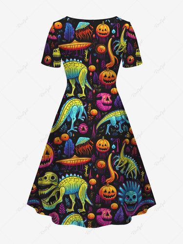 💗Stephanie Loves💗 Gothic Plus Size Colorful Skull Pumpkin Dinosaur Sailor Print Halloween Cinched Dress