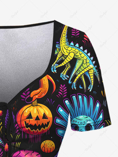 💗Stephanie Loves💗 Gothic Plus Size Colorful Skull Pumpkin Dinosaur Sailor Print Halloween Cinched Dress