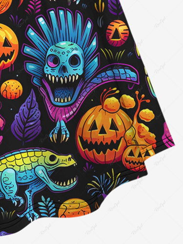 💗Stephanie Loves💗 Gothic Plus Size Colorful Skull Pumpkin Dinosaur Sailor Print Halloween Cinched Dress