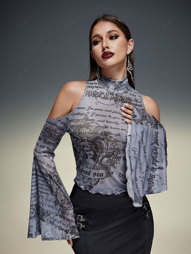 Gothic Plus Size Newspaper Letters Print Mesh Cold Shoulder Flare Sleeves Cropped T-shirt