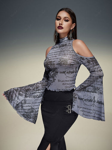 Gothic Plus Size Newspaper Letters Print Mesh Cold Shoulder Flare Sleeves Cropped T-shirt