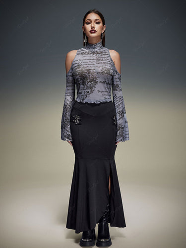 Gothic Plus Size Newspaper Letters Print Mesh Cold Shoulder Flare Sleeves Cropped T-shirt