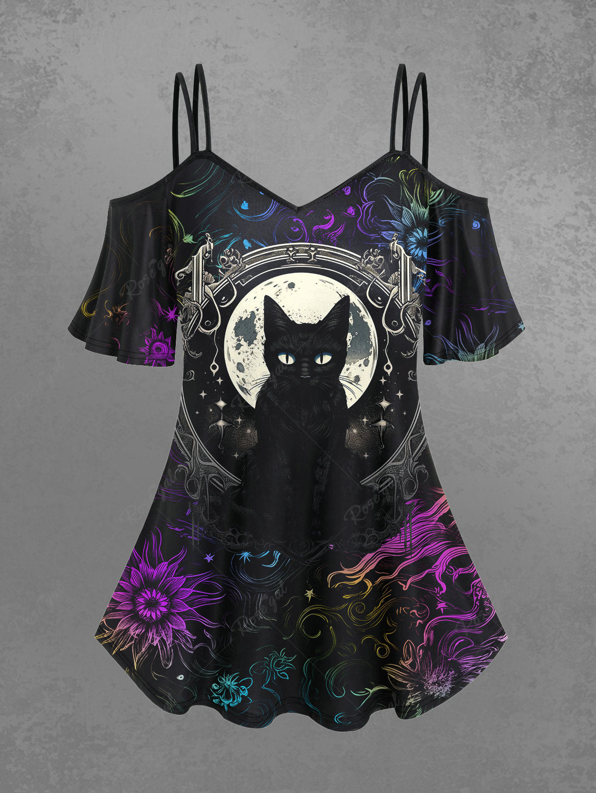 Gothic Moon Cat Colorful Floral Glitter Print Cold Shoulder Cami T-shirt