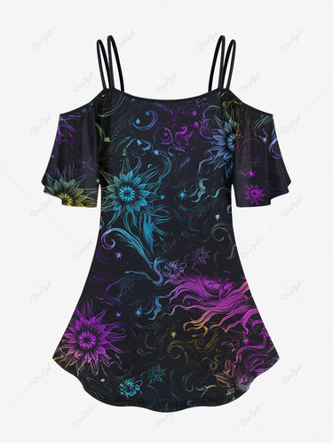 Gothic Plus Size Moon Cat Colorful Floral Glitter Print Cold Shoulder Cami T-shirt