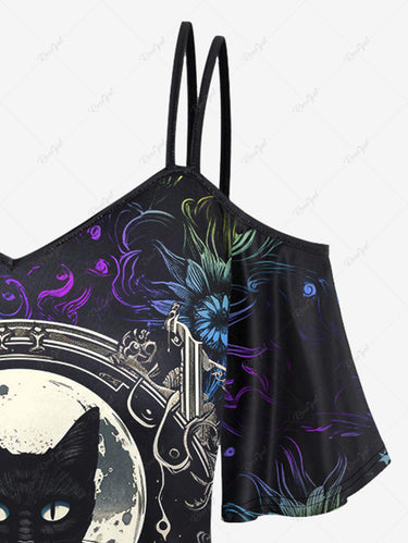 Gothic Plus Size Moon Cat Colorful Floral Glitter Print Cold Shoulder Cami T-shirt