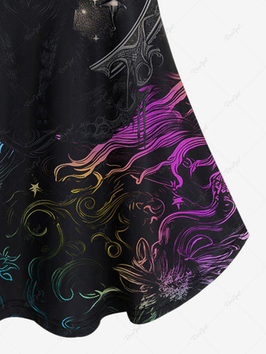 Gothic Plus Size Moon Cat Colorful Floral Glitter Print Cold Shoulder Cami T-shirt