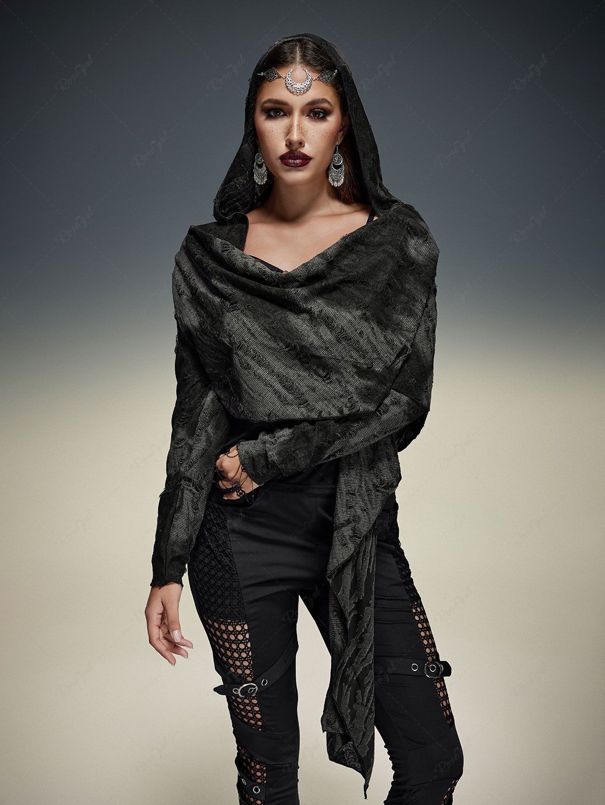 Gothic Tie Dye Ripped Hooded Asymmetric Tops